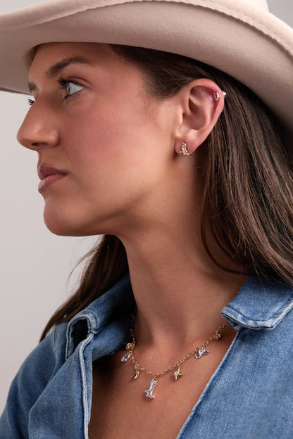 Cosmic Cowgirl Earring Stud Set of 2 by Alex and Ani, gold-tone crystal studs on ear on Tampa Home & Garden Store