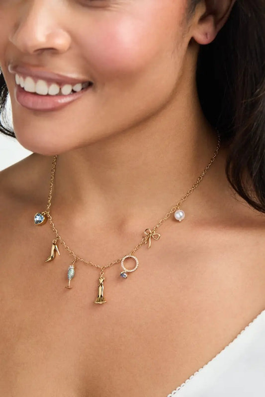 Bridal Multi-Charm Necklace gold-tone chain with blue gem, bow, dress by ALEX AND ANI on Tampa Home & Garden Store
