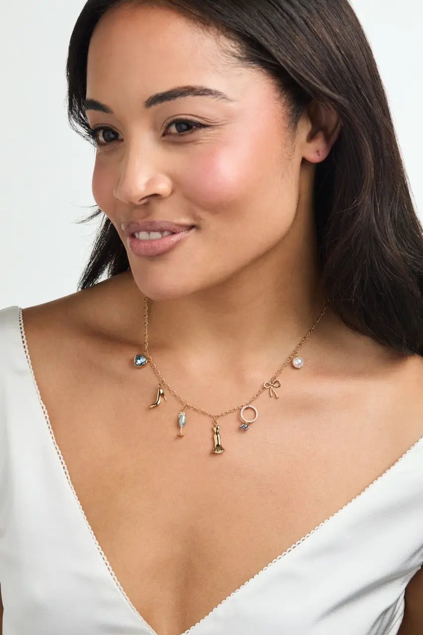 Bridal multi-charm necklace by ALEX AND ANI on gold-tone chain with assorted charms on Tampa Home & Garden Store