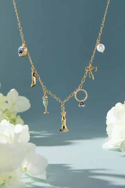 Gold-tone Bridal Multi-Charm Necklace by ALEX AND ANI with crystal circle, pearl, bow charms on Tampa Home & Garden Store
