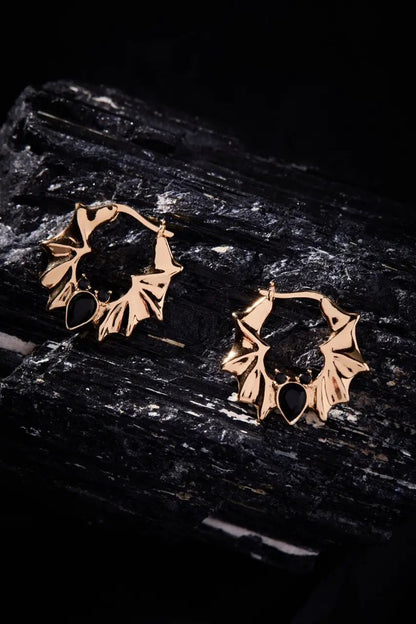 Gold-tone ALEX AND ANI Crystal Bat Hoop Earrings pair with black teardrop stones on Tampa Home & Garden Store