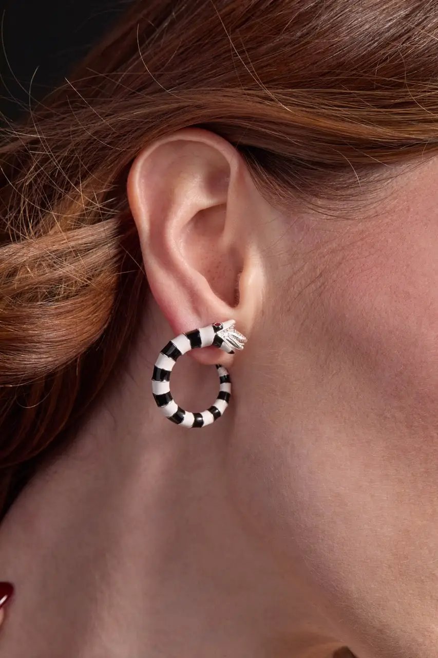BEETLEJUICE Sandworm Hoop Earring, black and white striped hoop with silver beetle accent on Tampa Home & Garden Store