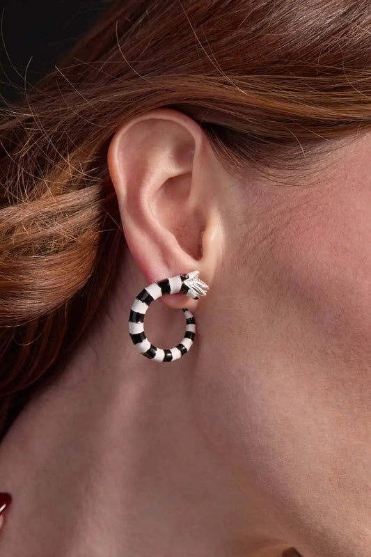 BEETLEJUICE Sandworm Hoop Earring, black and white striped hoop with silver beetle accent on Tampa Home & Garden Store