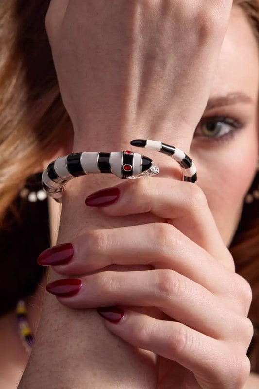 BEETLEJUICE Sandworm cuff bracelet black and white enamel with red eyes on Tampa Home & Garden Store
