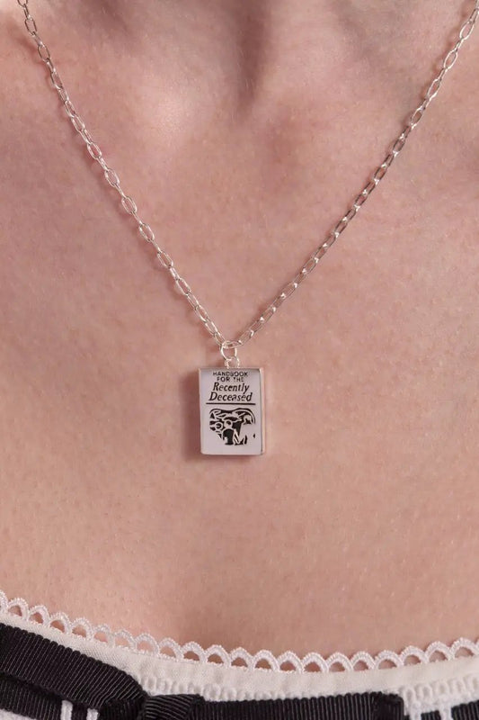 Beetlejuice Handbook pendant necklace by ALEX AND ANI, silver-tone book charm on chain on Tampa Home & Garden Store