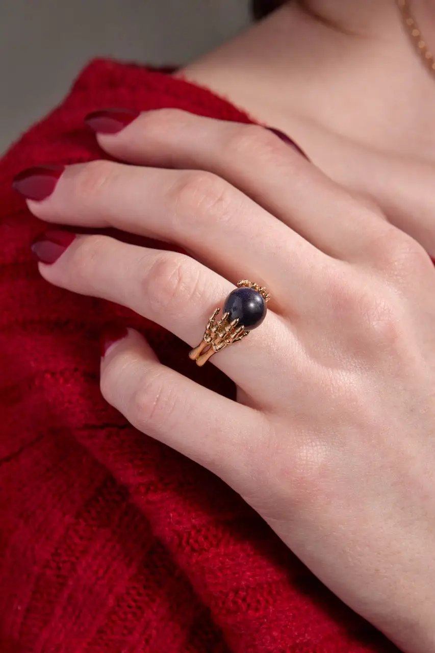 Crystal Ball Ring by ALEX AND ANI, gold-tone band with black pearl bead on a clawed design on Tampa Home & Garden Store