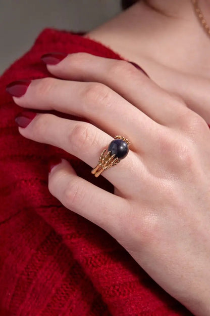 Crystal Ball Ring by ALEX AND ANI, gold-tone band with black pearl bead on a clawed design on Tampa Home & Garden Store