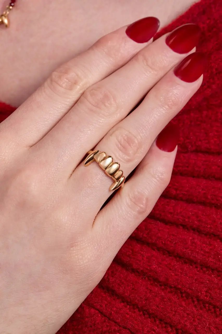 Vampire Teeth Fangs Ring gold-tone band by ALEX AND ANI on finger on Tampa Home & Garden Store