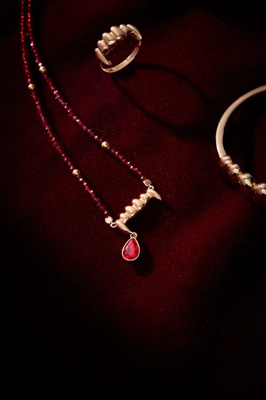 Vampire Teeth Fangs Pendant necklace by ALEX AND ANI, red teardrop gem; 3-piece jewelry set on Tampa Home & Garden Store