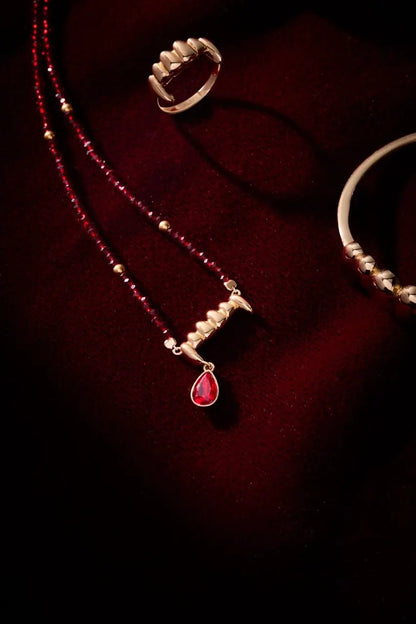 Vampire Teeth Fangs Pendant necklace by ALEX AND ANI, red teardrop gem; 3-piece jewelry set on Tampa Home & Garden Store