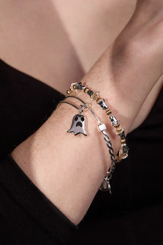 Ghost Beaded Bangle by ALEX AND ANI; ghost charm with black enamel, gold-tone beads stack on Tampa Home & Garden Store
