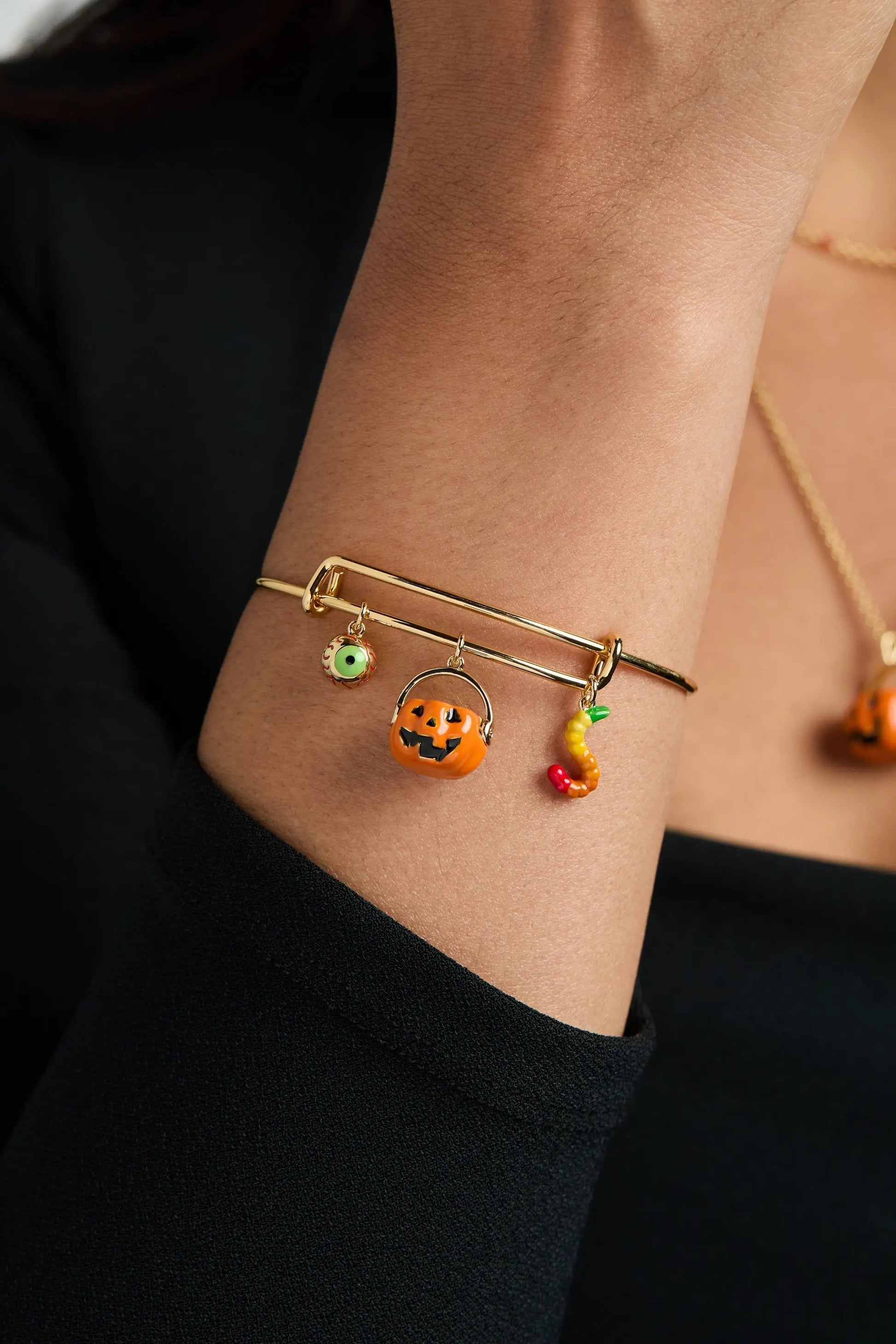Trick or Treat multi charm bangle, gold-tone bracelet with 3 spooky charms eyeball pumpkin worm on Tampa Home & Garden Store