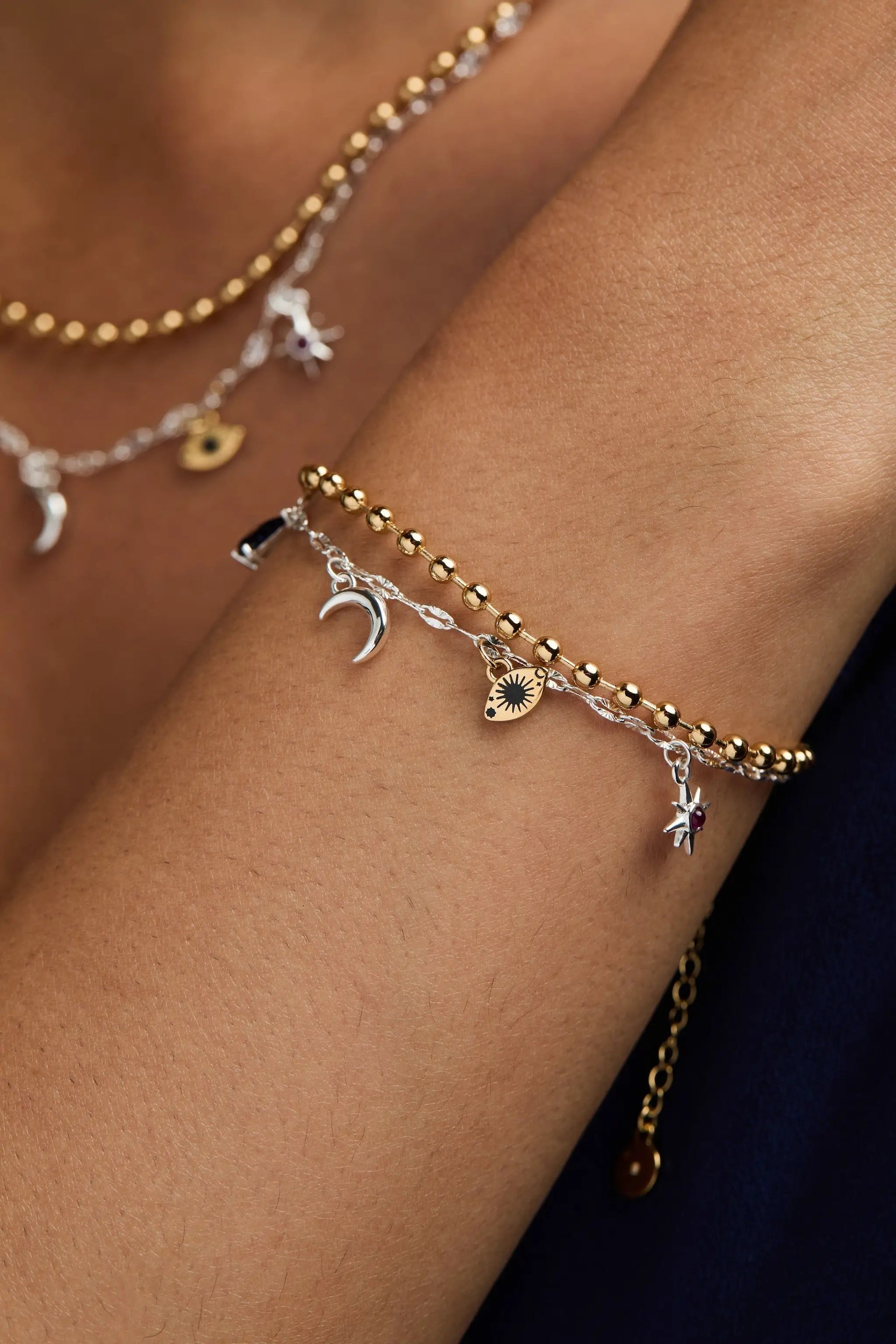 Moon Magic 2-Row Charm Bracelet by ALEX AND ANI, gold bead & silver charm row on Tampa Home & Garden Store