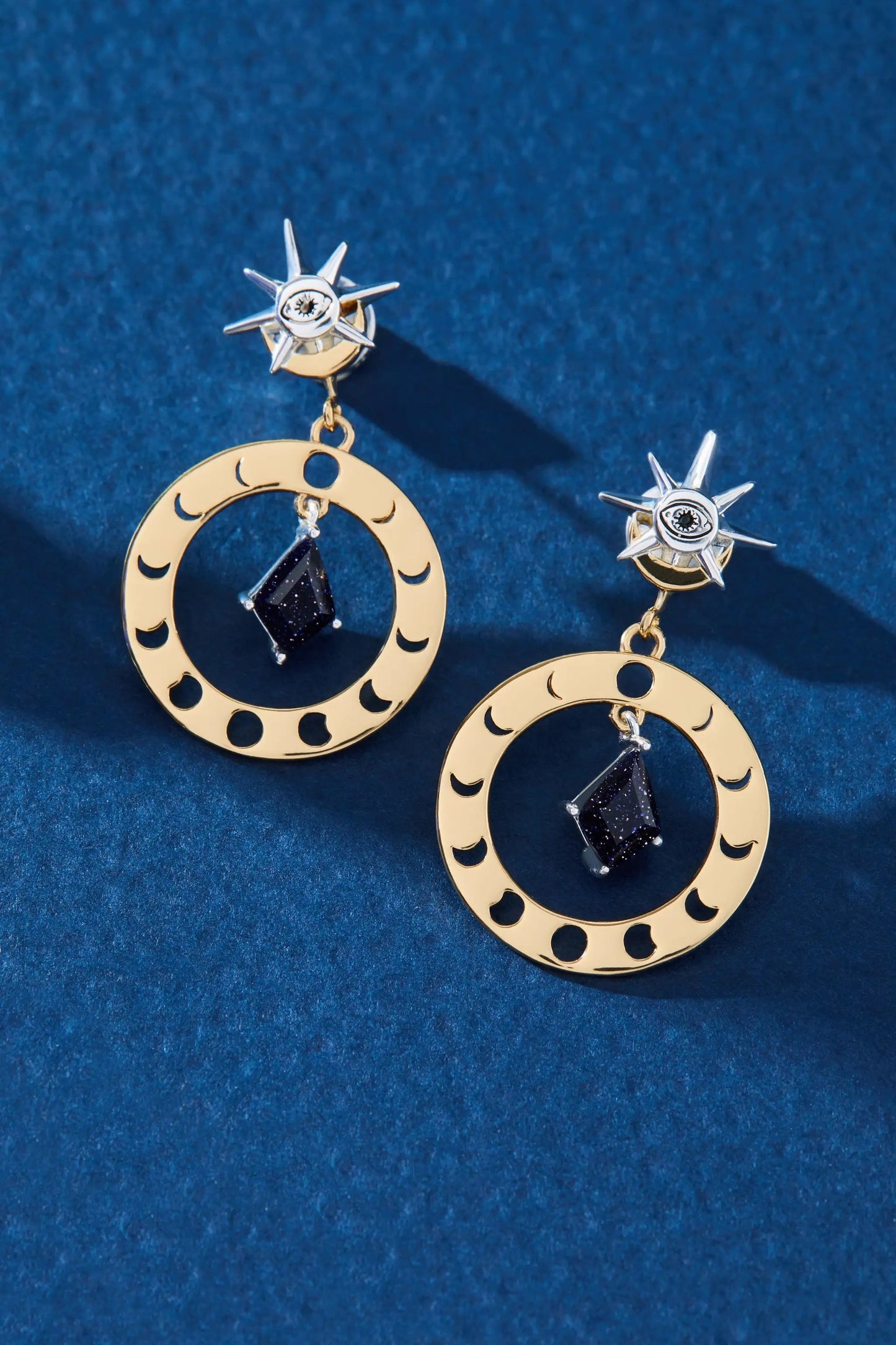 Moon Phase Earring Blue Sunstone and Star Moon