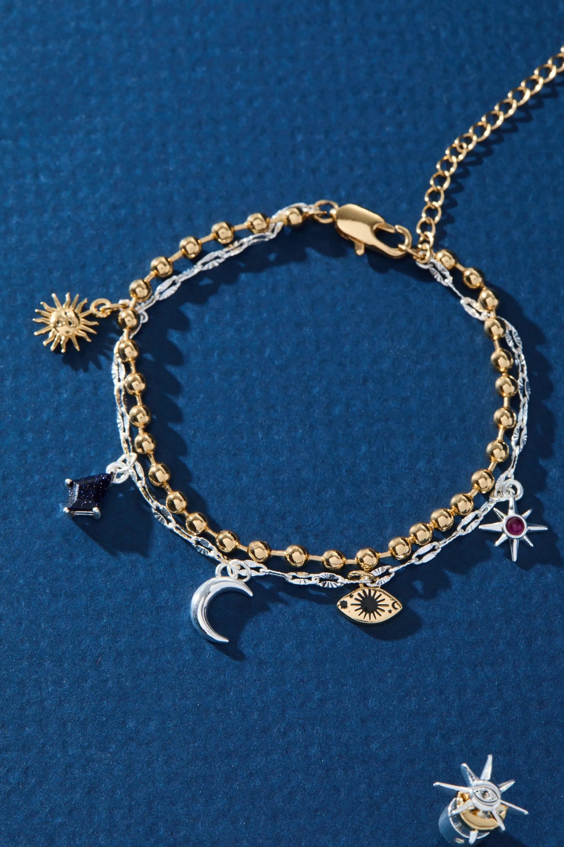 Moon Magic 2 Row Charm Bracelet gold-tone bead strands with silver braided cord and sun, moon, star charms by ALEX AND ANI on Tampa Home & Garden Store