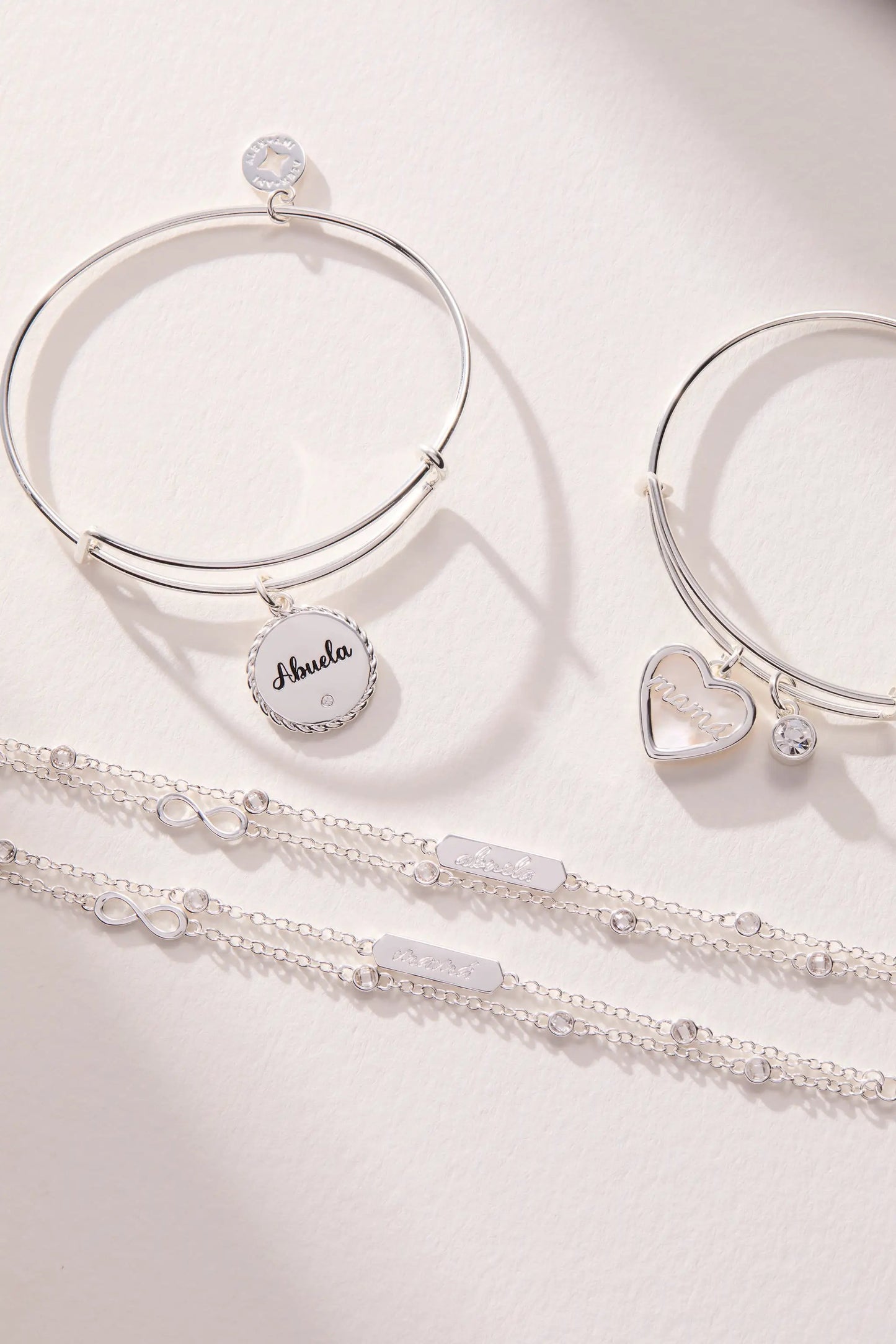 Bracelet Abuela Infinity Chain Double Strand by Alex and Ani, silver-tone double-loop with Abuela charm on Tampa Home & Garden Store