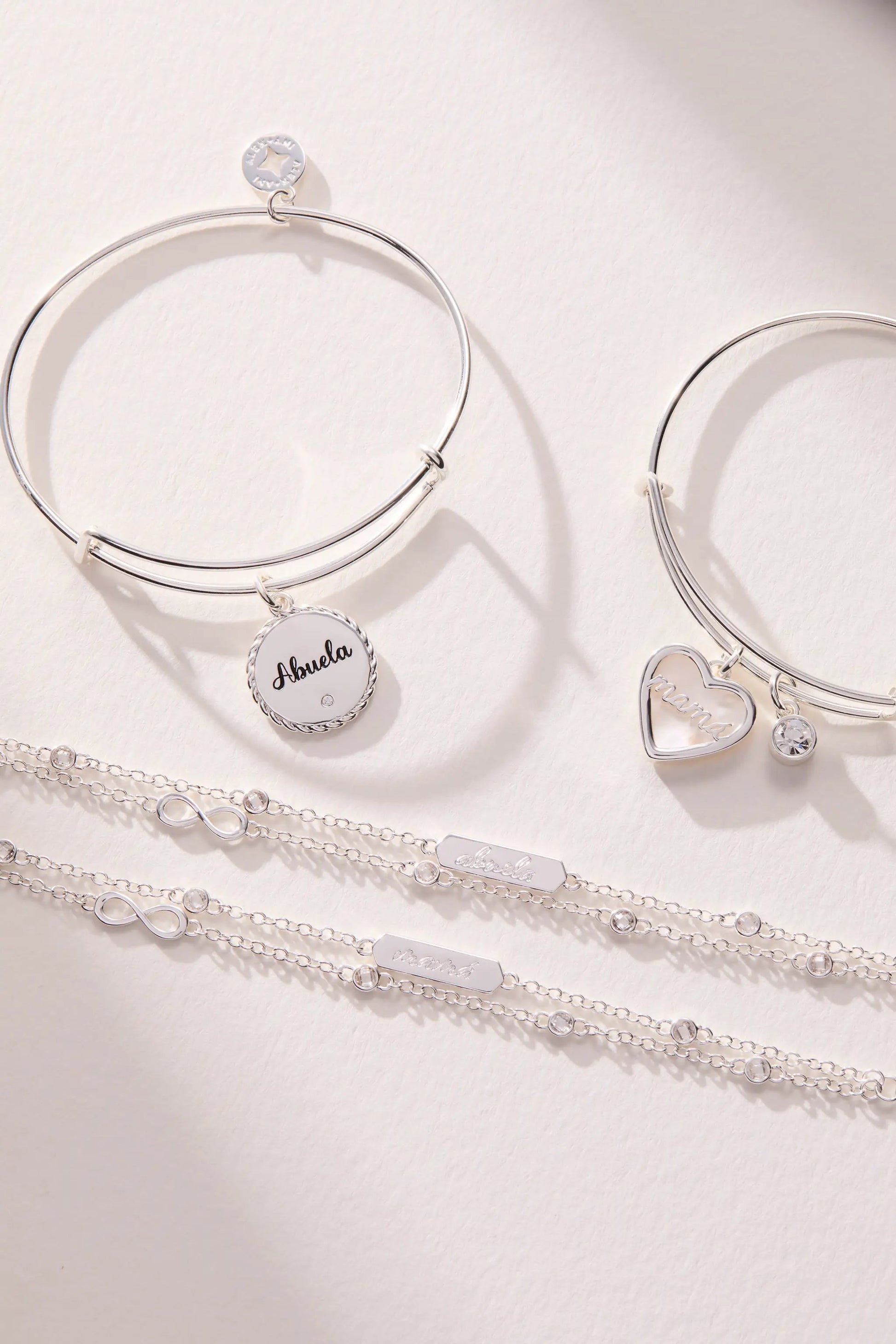 Bracelet Abuela Infinity Chain Double Strand by Alex and Ani, silver-tone double-loop with Abuela charm on Tampa Home & Garden Store