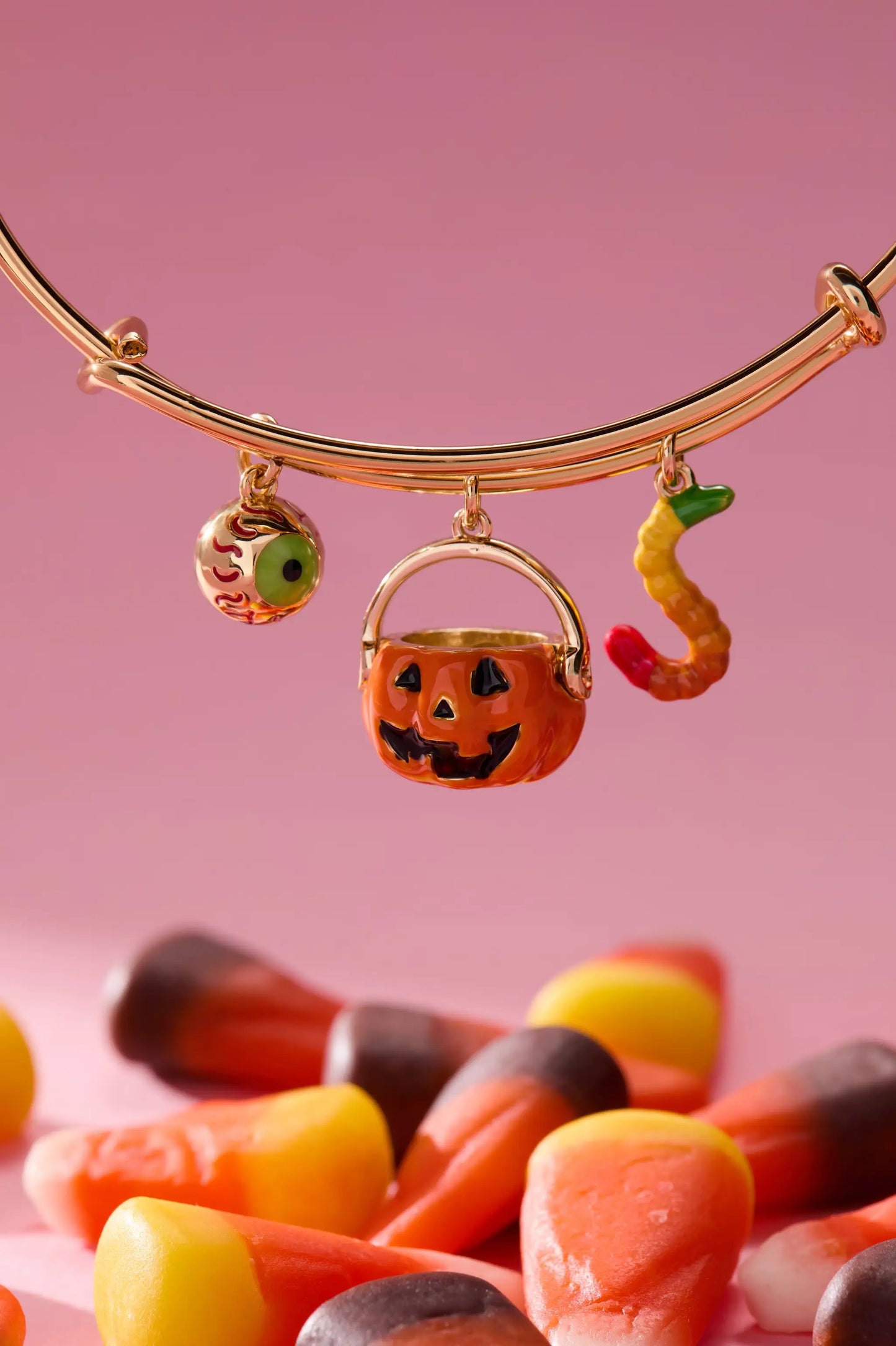 Trick or Treat Charm Bangle, rose-gold bracelet with pumpkin eyeball worm charms by ALEX AND ANI on Tampa Home & Garden Store
