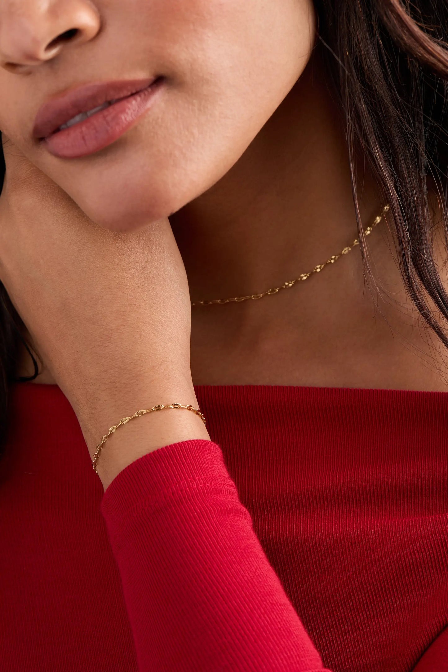 ALEX AND ANI multi faceted gold chain necklace with delicate links worn on a woman's neck on Tampa Home & Garden Store