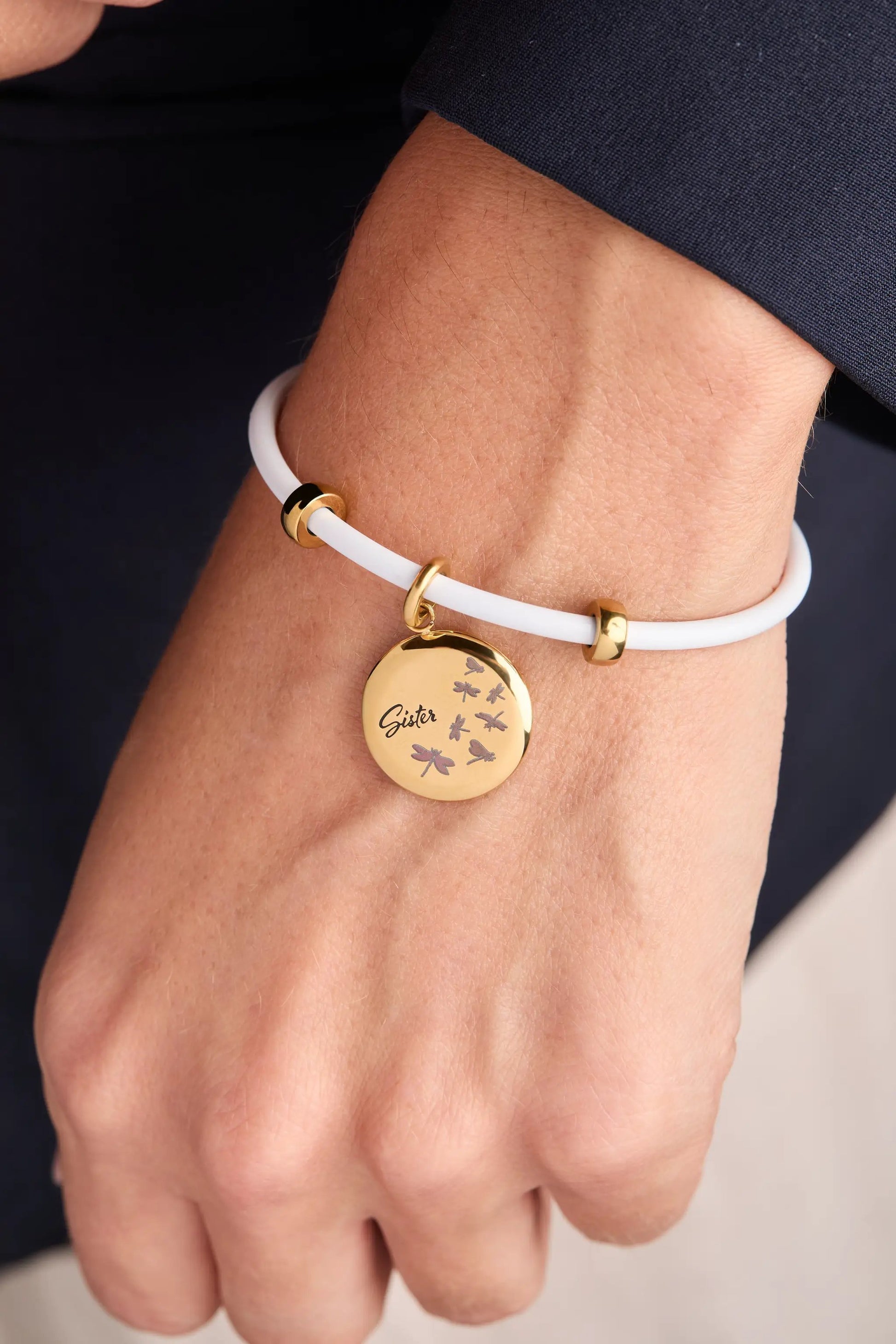 Sister Dragonfly Disc Charm bracelet white cord gold disc charm by Alex and Ani on Tampa Home & Garden Store