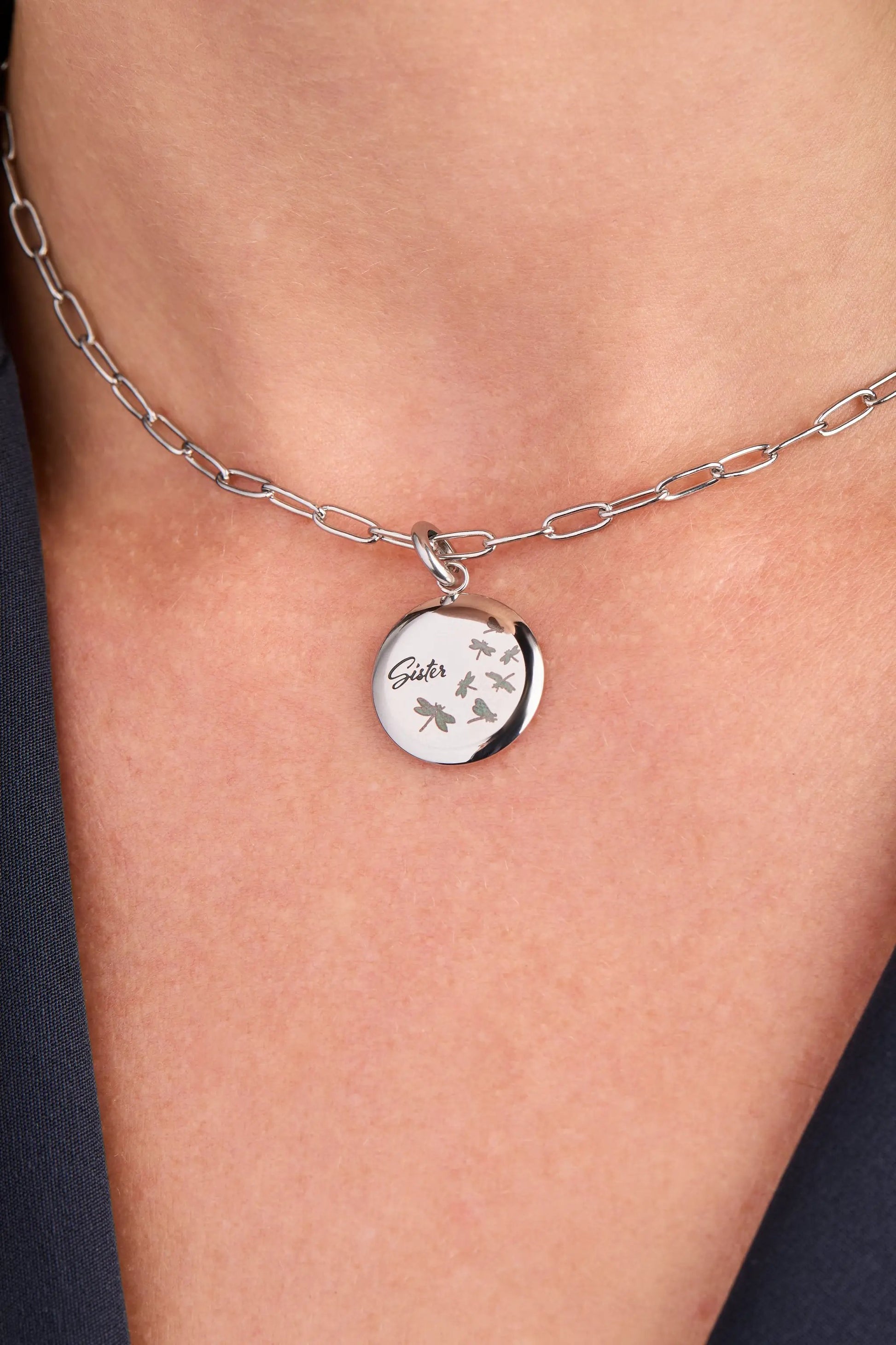 Sister Dragonfly Disc Charm pendant by Alex and Ani on a silver chain necklace on Tampa Home & Garden Store