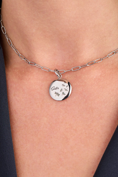 Sister Dragonfly Disc Charm pendant by Alex and Ani on a silver chain necklace on Tampa Home & Garden Store