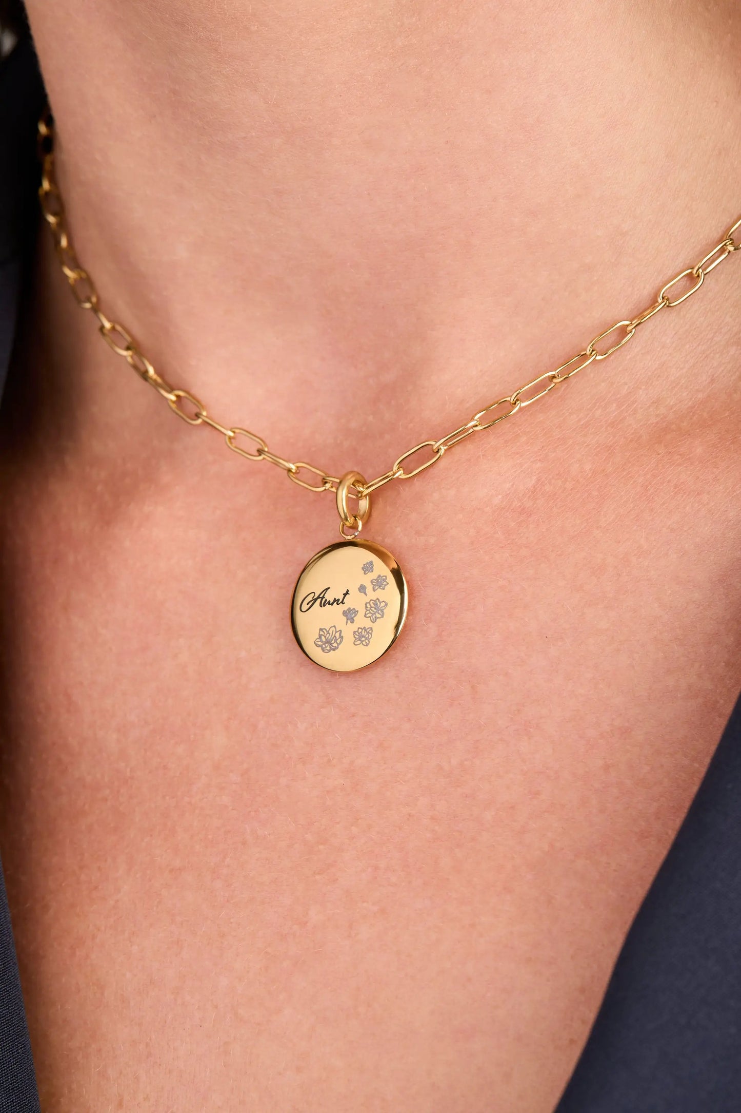 Gold Paperclip Charm Necklace by Alex and Ani with round pendant engraved Aunt and floral on Tampa Home & Garden Store