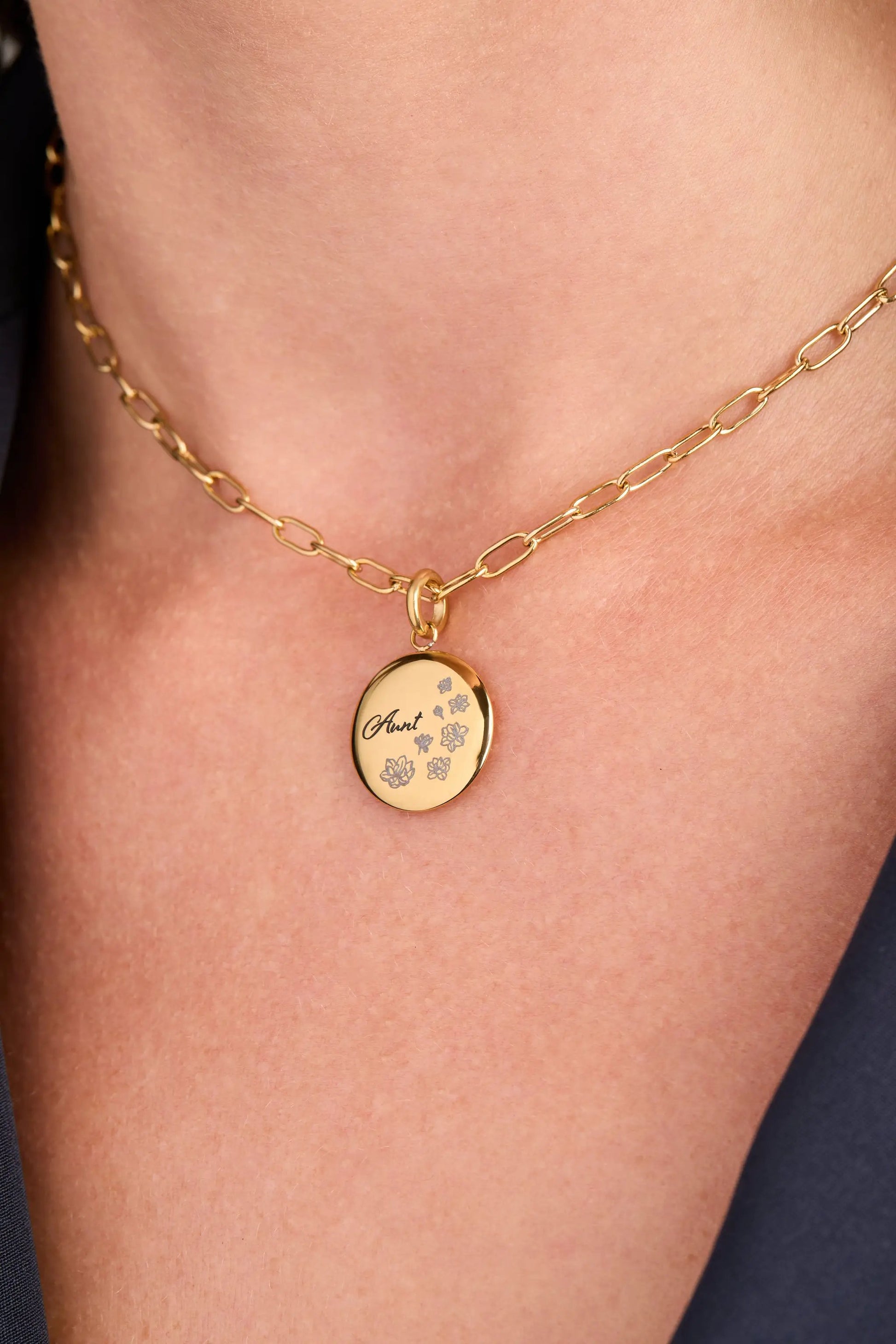 Gold Paperclip Charm Necklace by Alex and Ani with round pendant engraved Aunt and floral on Tampa Home & Garden Store