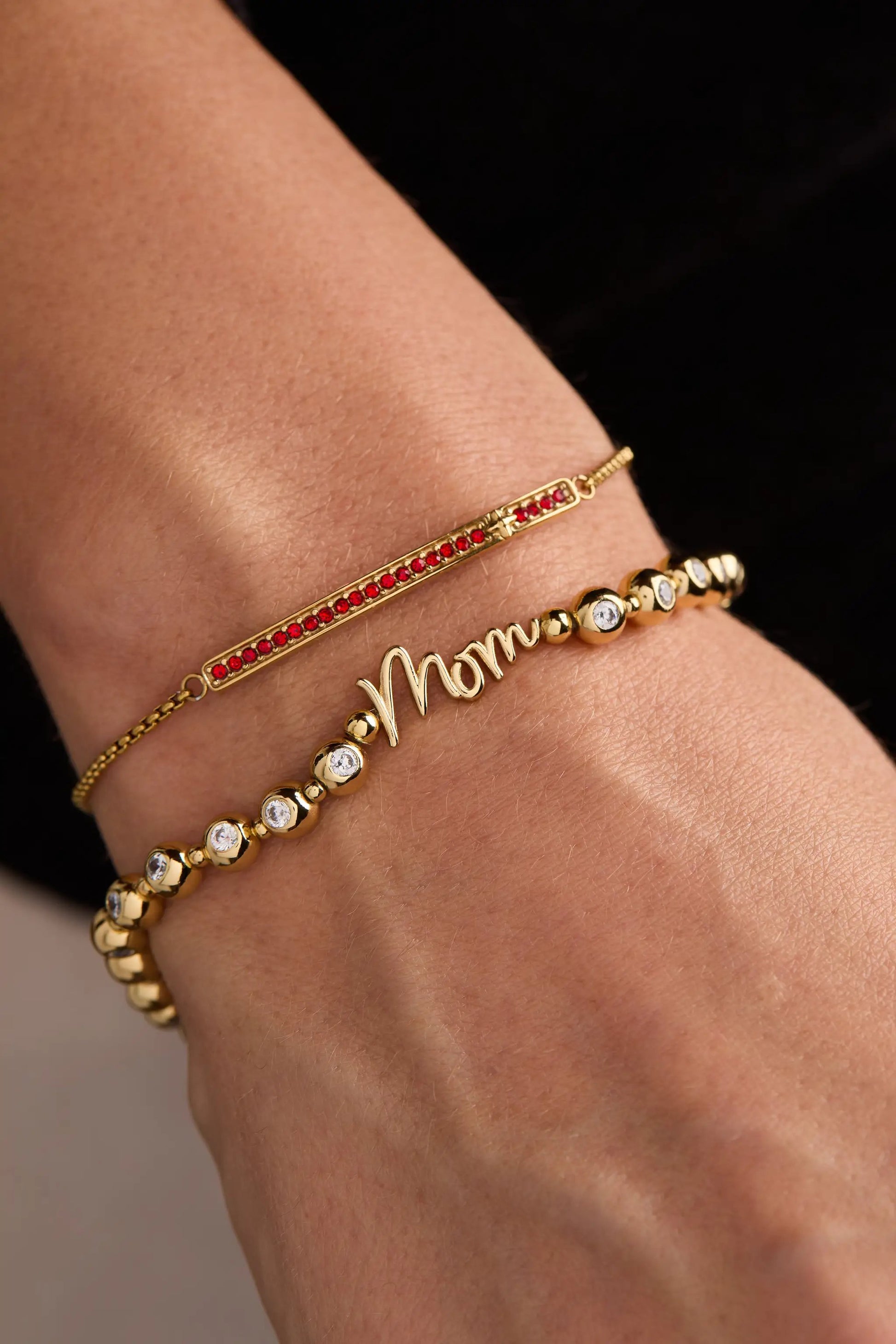 Mom Elongated Crystal Stretch Bracelet by Alex and Ani gold bracelets with red crystals on Tampa Home & Garden Store
