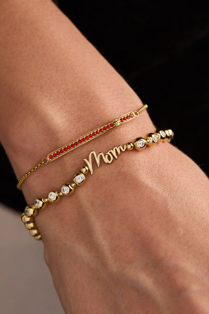Mom Elongated Crystal Stretch Bracelet by Alex and Ani gold bracelets with red crystals on Tampa Home & Garden Store