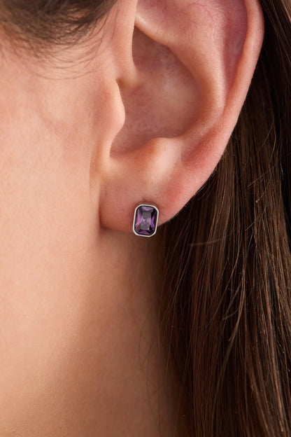February Emerald Cut Birthstone Stud Earrings
