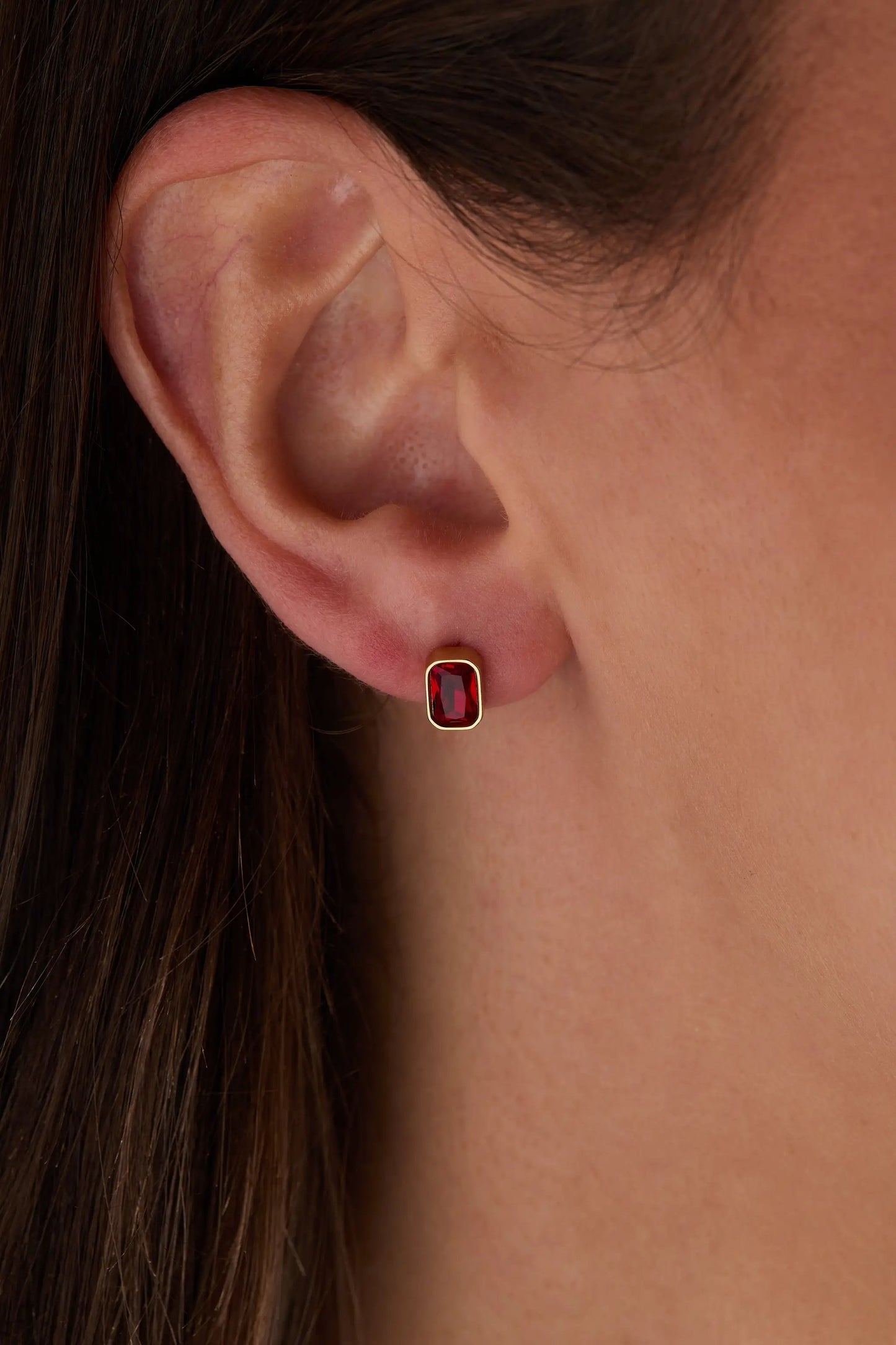 July Ruby Emerald-Cut Birthstone Stud Earrings