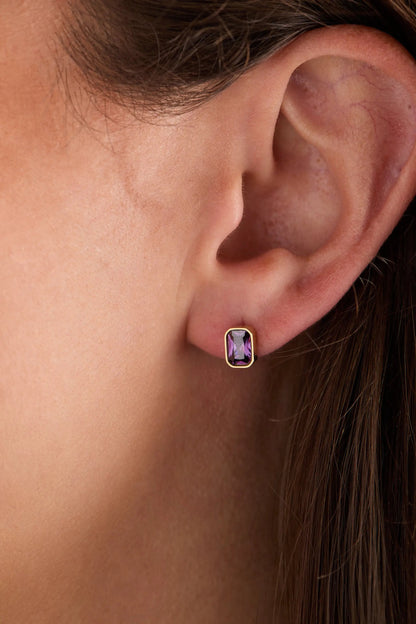 February Emerald Cut Birthstone Stud Earrings