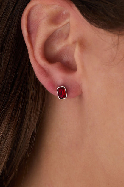 July Ruby Emerald-Cut Birthstone Stud Earrings