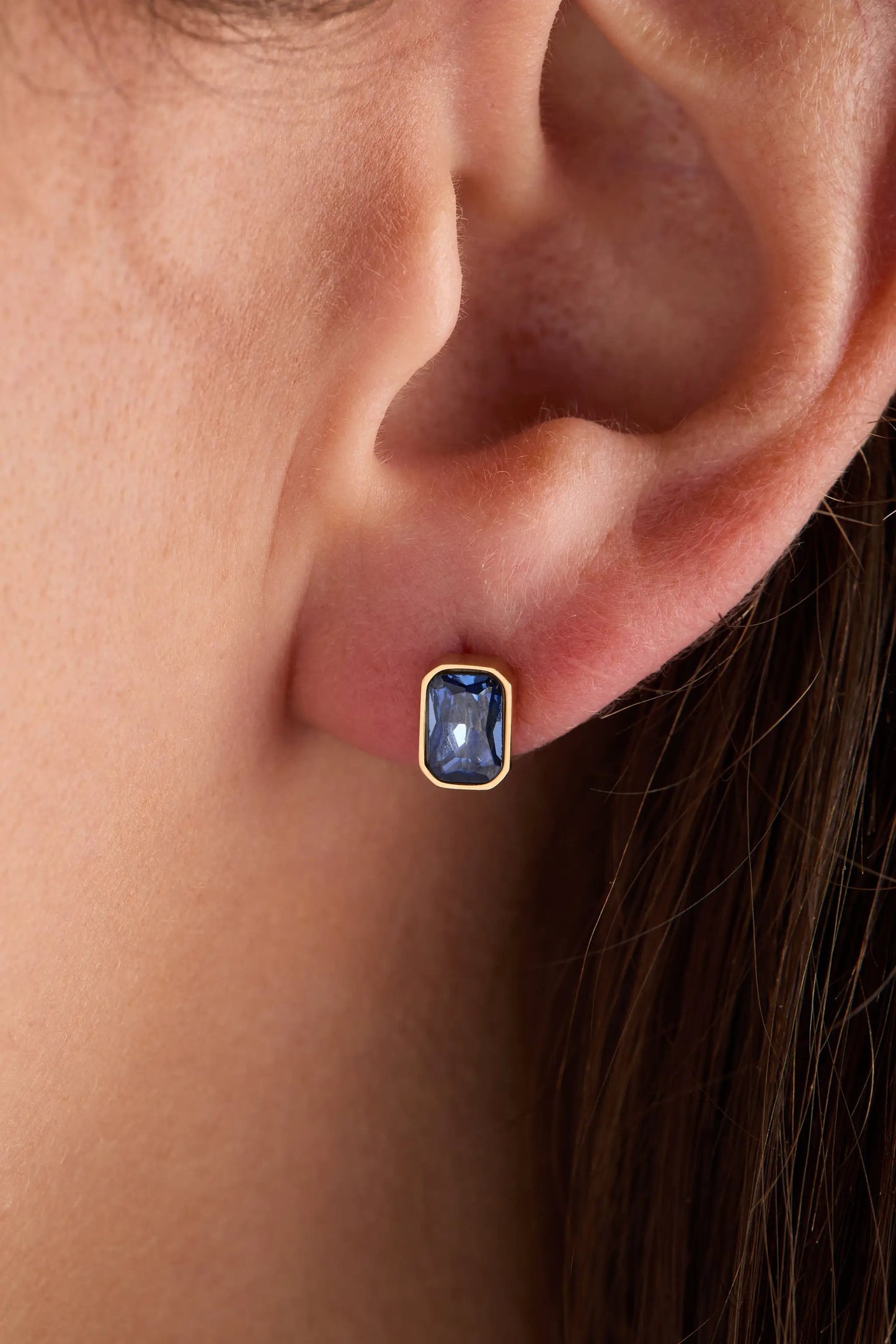 September Emerald-Cut Birthstone Stud Earrings featuring a blue gemstone in a gold-tone bezel on Tampa Home & Garden Store