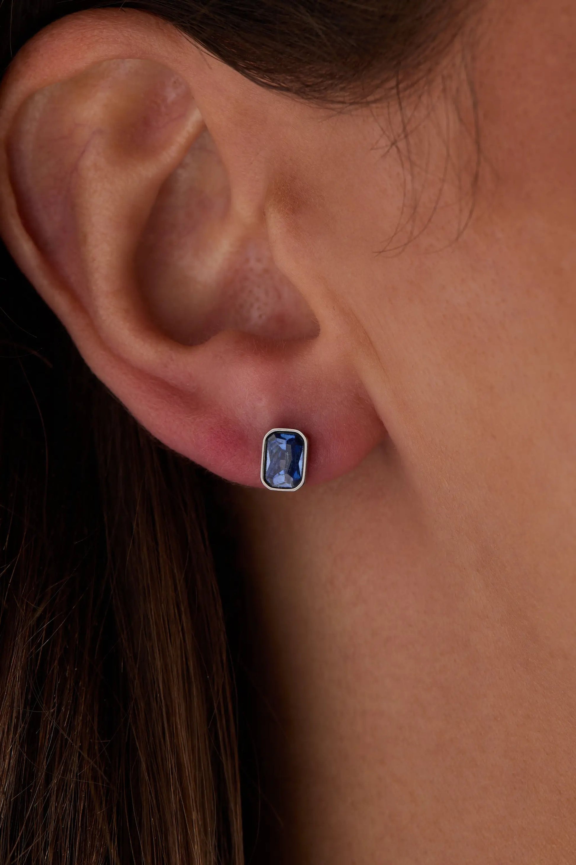 Earrings September emerald-cut blue birthstone stud in silver bezel by ALEX AND ANI on Tampa Home & Garden Store