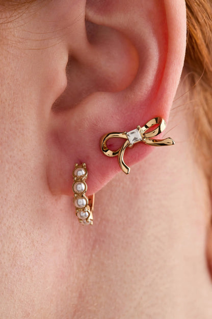 Bow Studs and Pearl Hoop Coquette Earring Set 2