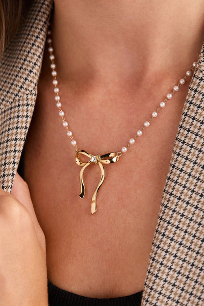 Bow Pearl Coquette Necklace with Gold Plated Bow