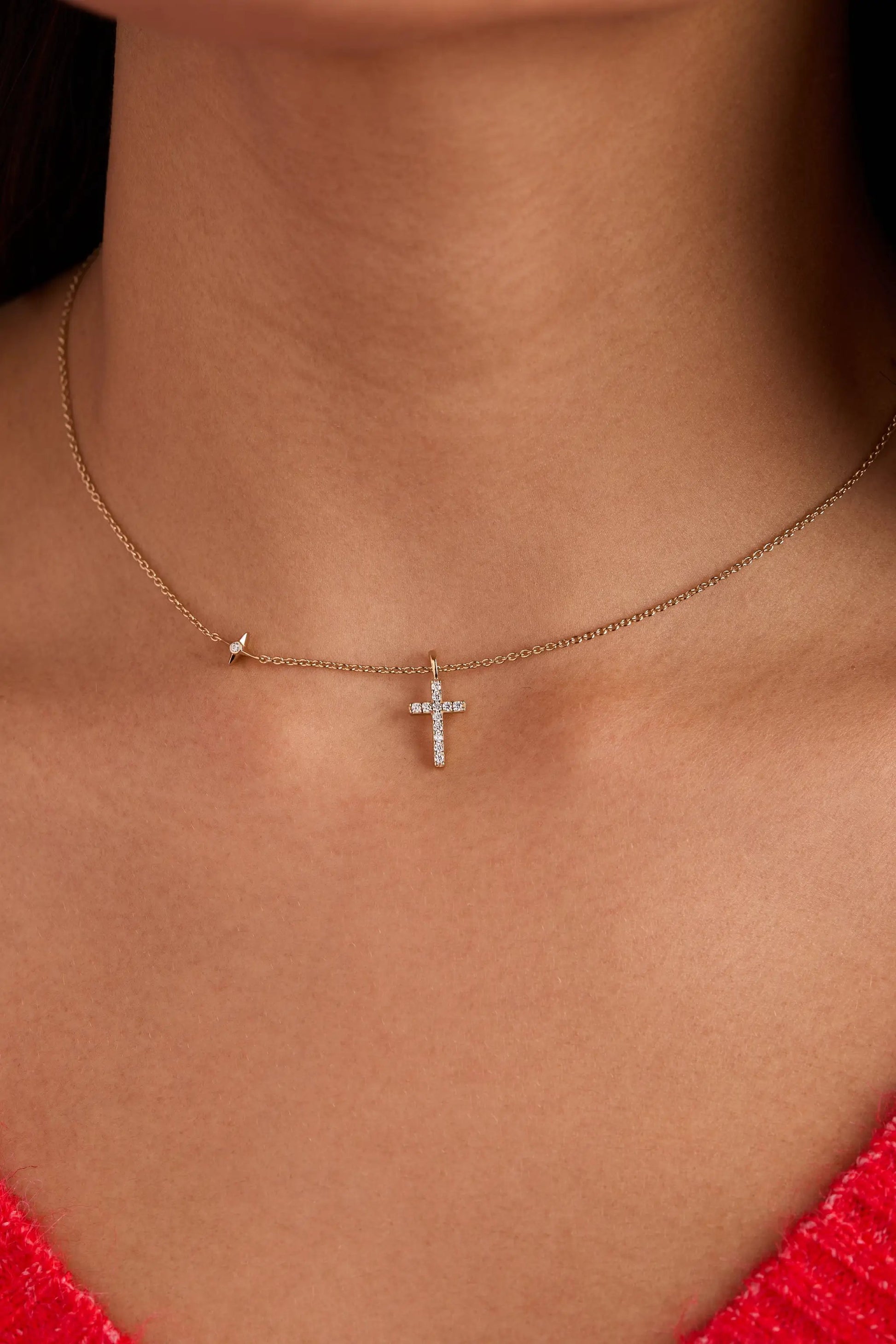 Cross Delicate Pave Crystal Pendant Necklace rose gold with pavé cross and tiny star charm on Tampa Home & Garden Store