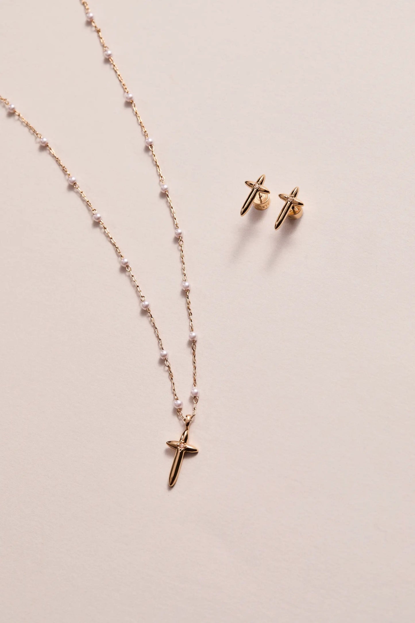 4:13 Cross Stud Earrings by ALEX AND ANI, gold-tone cross earrings with pearl necklace shown on Tampa Home & Garden Store
