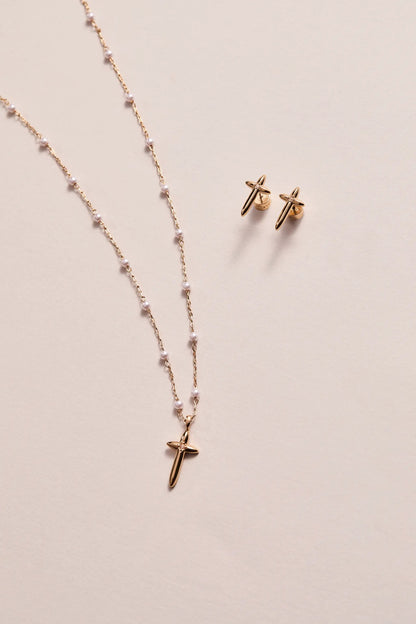 4:13 Cross Stud Earrings by ALEX AND ANI, gold-tone cross earrings with pearl necklace shown on Tampa Home & Garden Store
