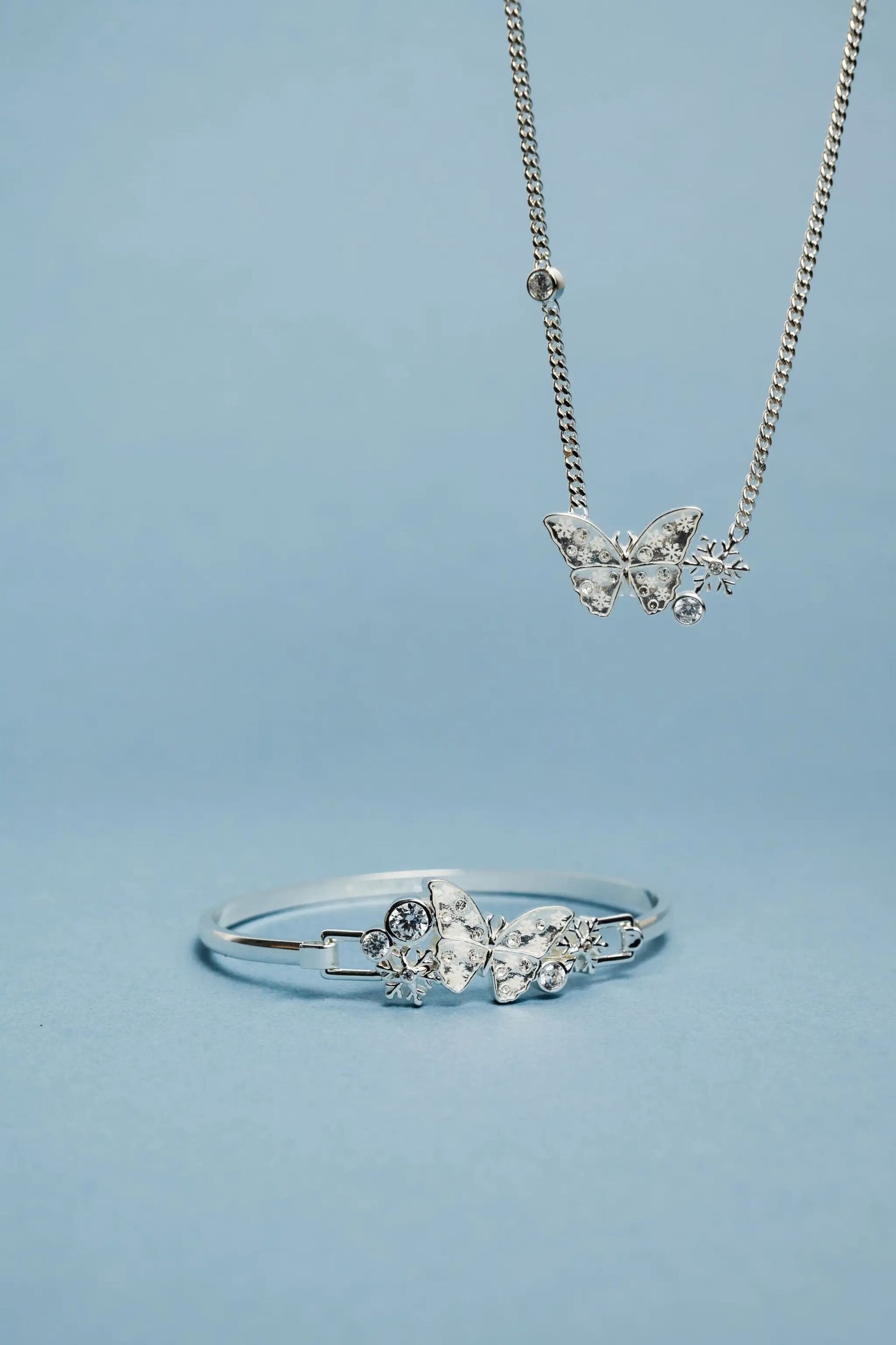 Glass Butterfly Inline Necklace and matching bracelet, silver-tone with crystal butterfly pendant on Tampa Home & Garden Store