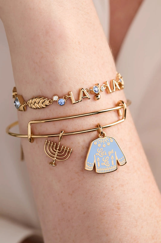 Challah-la-la-la Bolo Bracelet by Alex & Ani, gold tone with LA LA letters and gems, stacked on Tampa Home & Garden Store