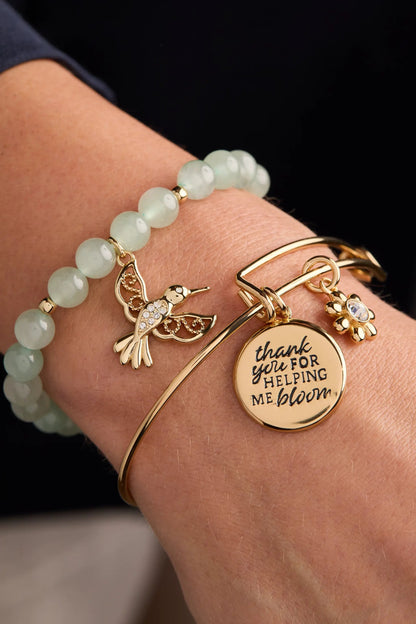 Hummingbird Gemstone Bolo Bracelet with pale green beads and gold-tone charms by ALEX AND ANI on Tampa Home & Garden Store