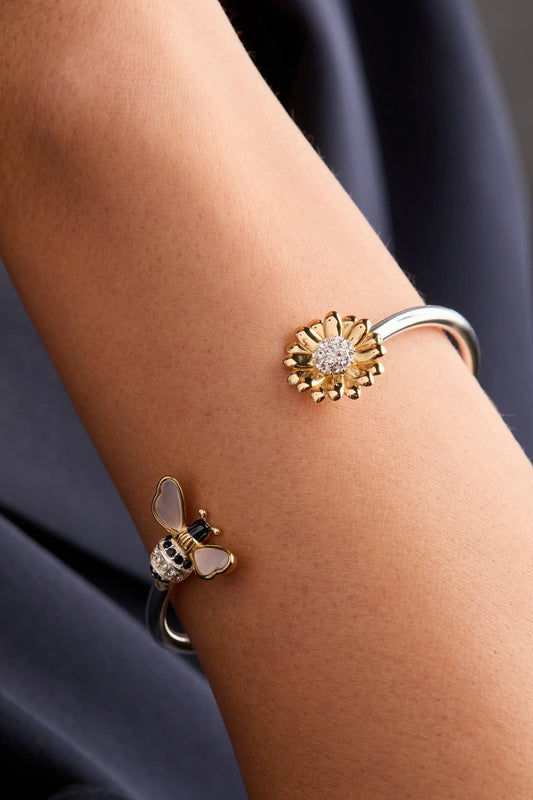 Sunflower & Bee Flex Cuff bracelet by ALEX AND ANI, gold-tone sunflower with crystal center on Tampa Home & Garden Store