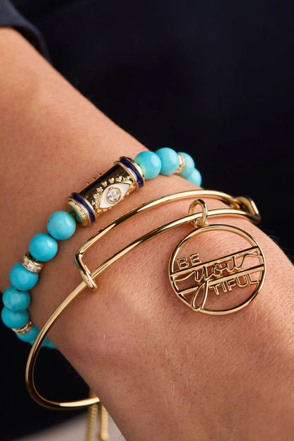 Be-You-Tiful Bangle with turquoise bead stack and blue enamel accents in gold by ALEX AND ANI on Tampa Home & Garden Store