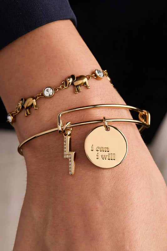 Elephant Crystal Bolo Bracelet with gold elephants and clear crystals; inscribed disc reads i can i will on Tampa Home & Garden Store
