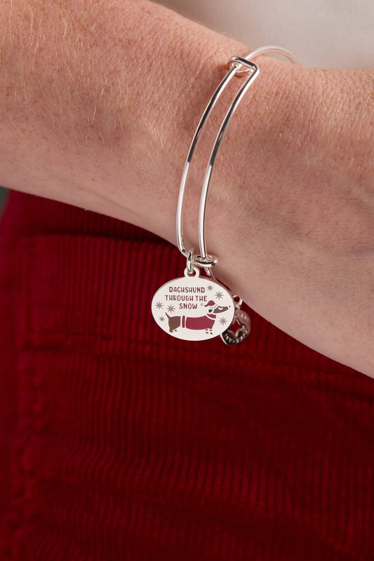 Dachshund Through The Snow dog charm bangle in silver-tone metal with round charm by Alex and Ani on Tampa Home & Garden Store