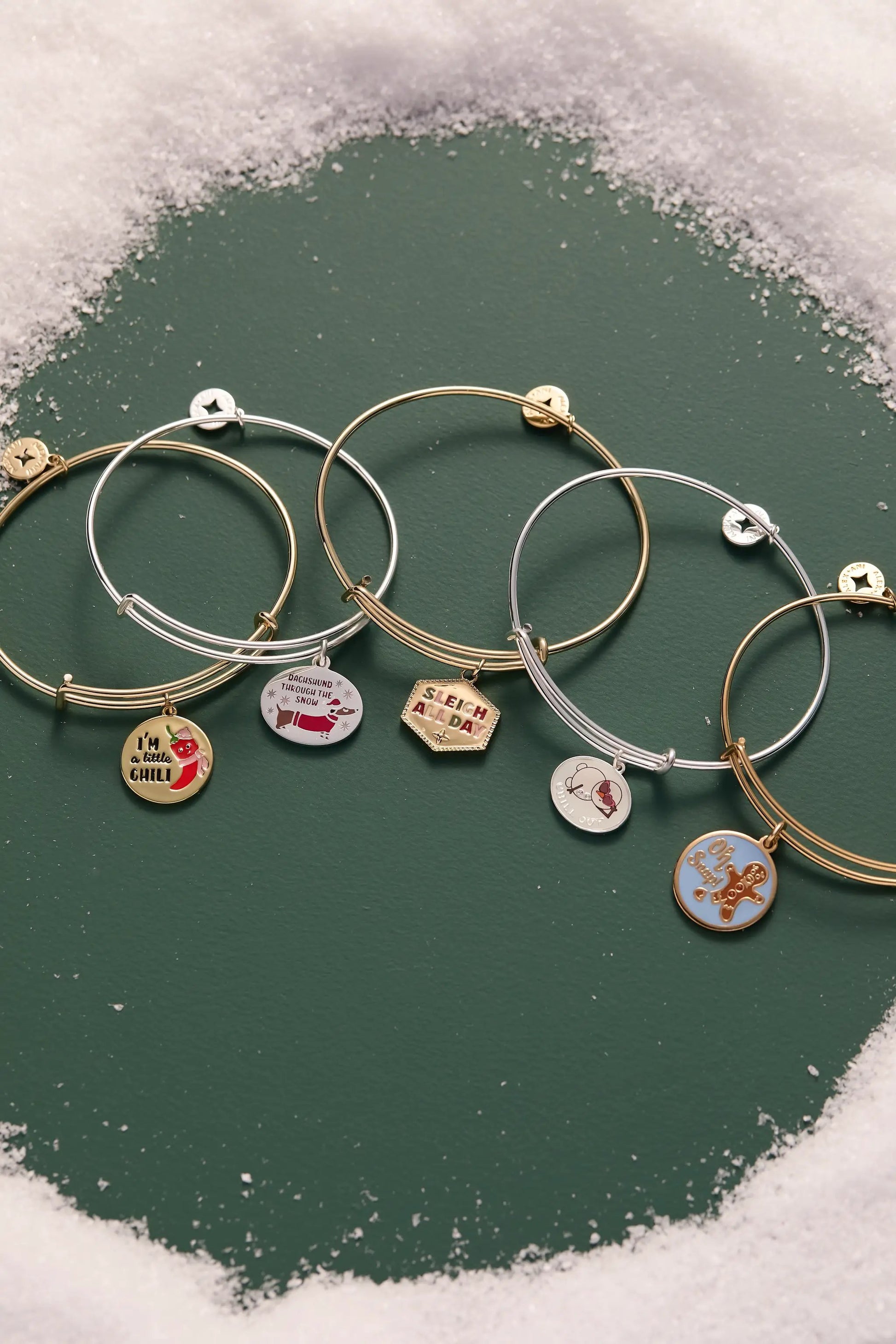 I’m a Little Chili charm bangle by ALEX AND ANI; gold- and silver-tone bangles with round charms on Tampa Home & Garden Store