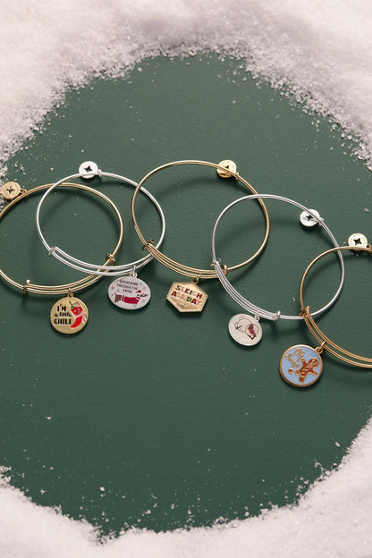 Sleigh All Day charm bangles by ALEX AND ANI, six gold and silver-tone hoops with charms on Tampa Home & Garden Store